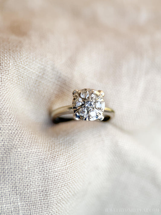 Vintage Art Deco Cluster Diamond Engagement Ring in 14k White Gold, Antique Jewelry from the 1950s - Timeless, Sustainable, @JewelryOnRepeat