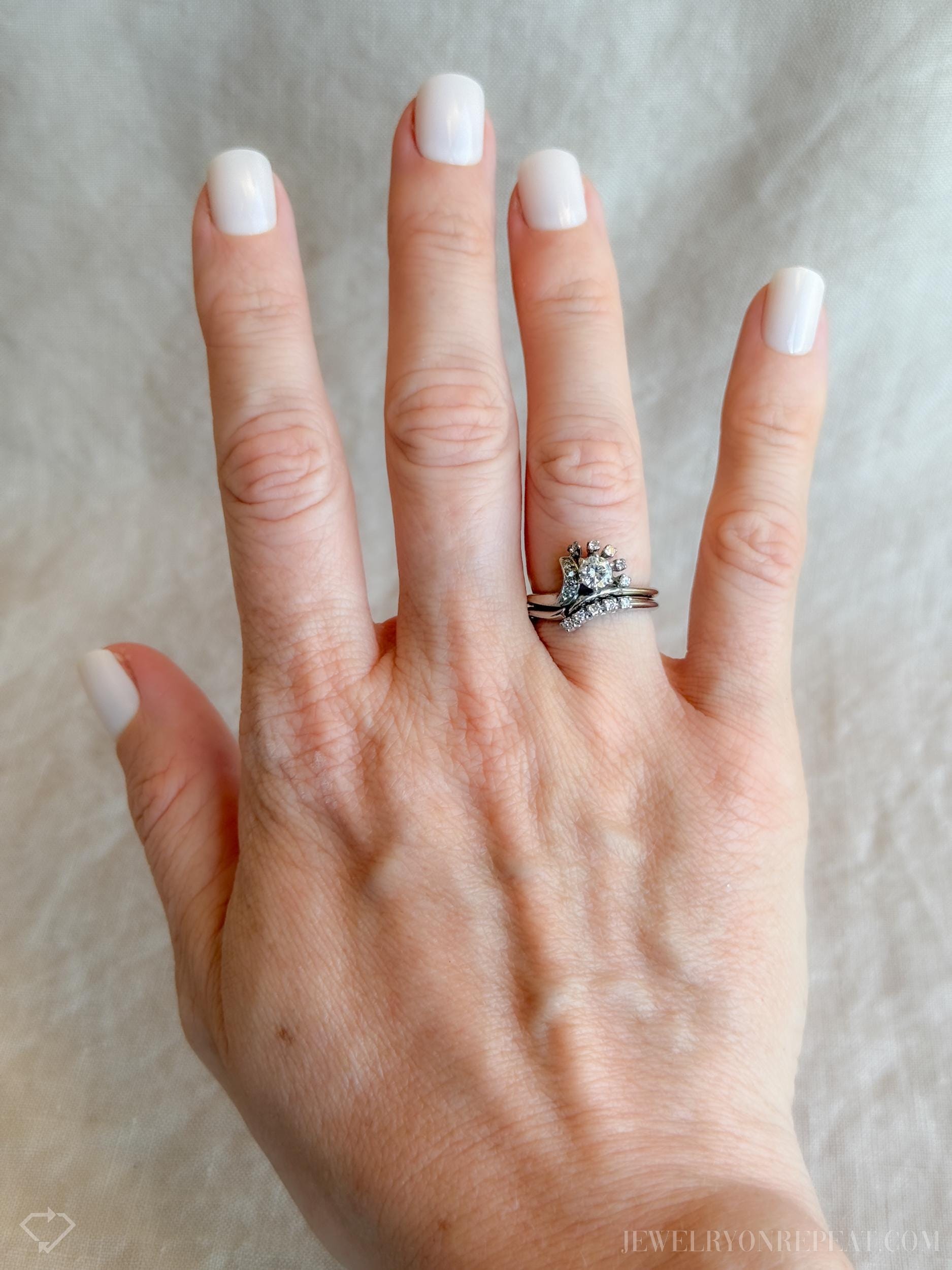Vintage Diamond Engagement and Wedding Ring Floral Bridal Set in 14k White Gold, Antique 1950s Jewelry - Timeless @JewelryOnRepeat