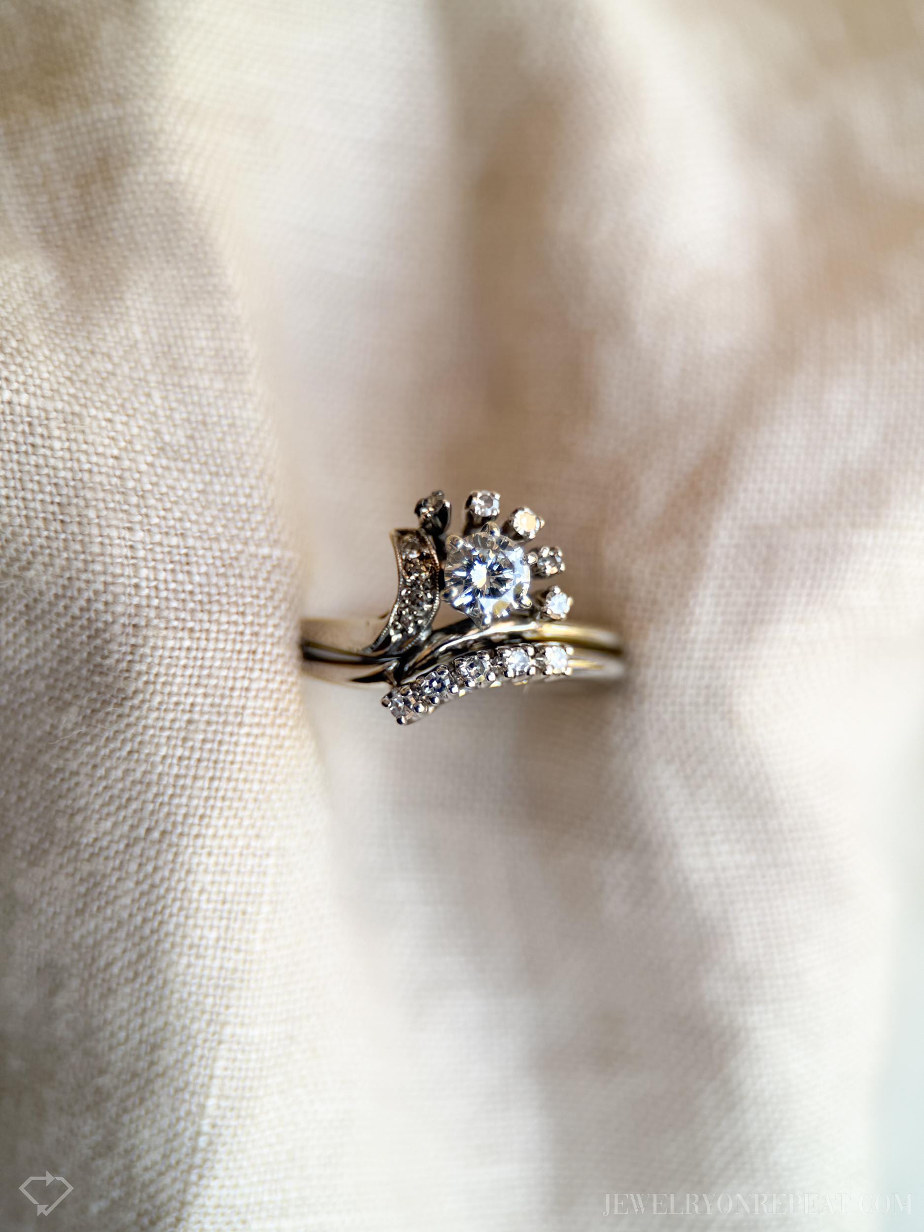 Vintage Diamond Engagement and Wedding Ring Floral Bridal Set in 14k White Gold, Antique 1950s Jewelry - Timeless @JewelryOnRepeat