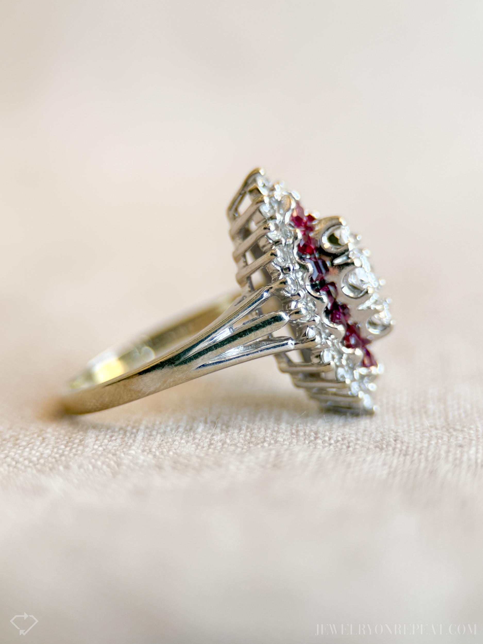 Vintage Diamond & Ruby Engagement Ring, Marquise Shaped, 14k White Gold, 1950s Cluster Bridal Ring