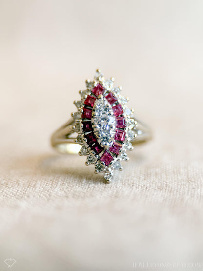 Vintage Diamond & Ruby Engagement Ring, Marquise Shaped, 14k White Gold, 1950s Cluster Bridal Ring