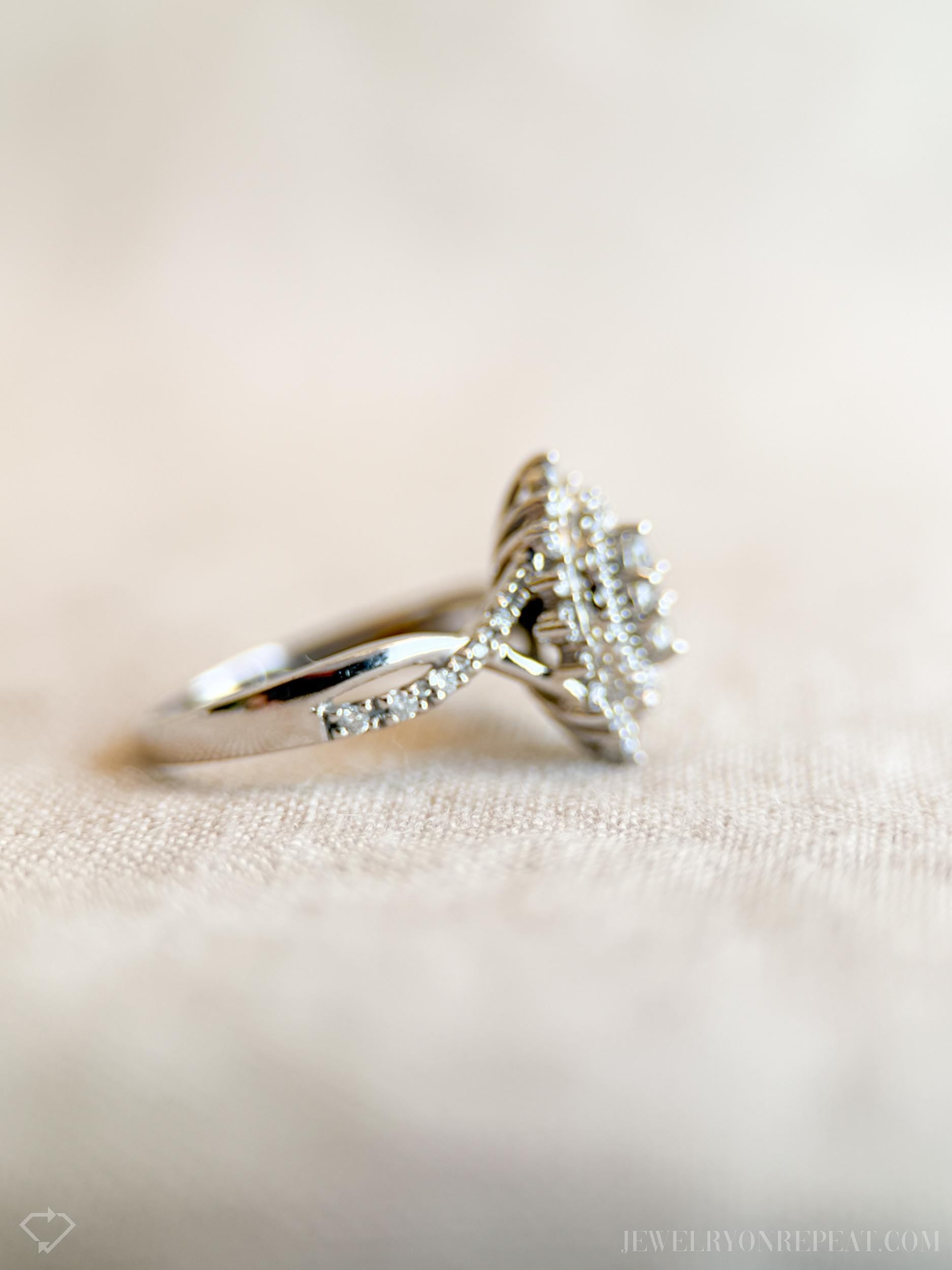 Vintage Marquise Diamond Cluster Engagement Ring in 10k White Gold, Antique 1990s Jewelry - Timeless, Sustainable, @JewelryOnRepeat
