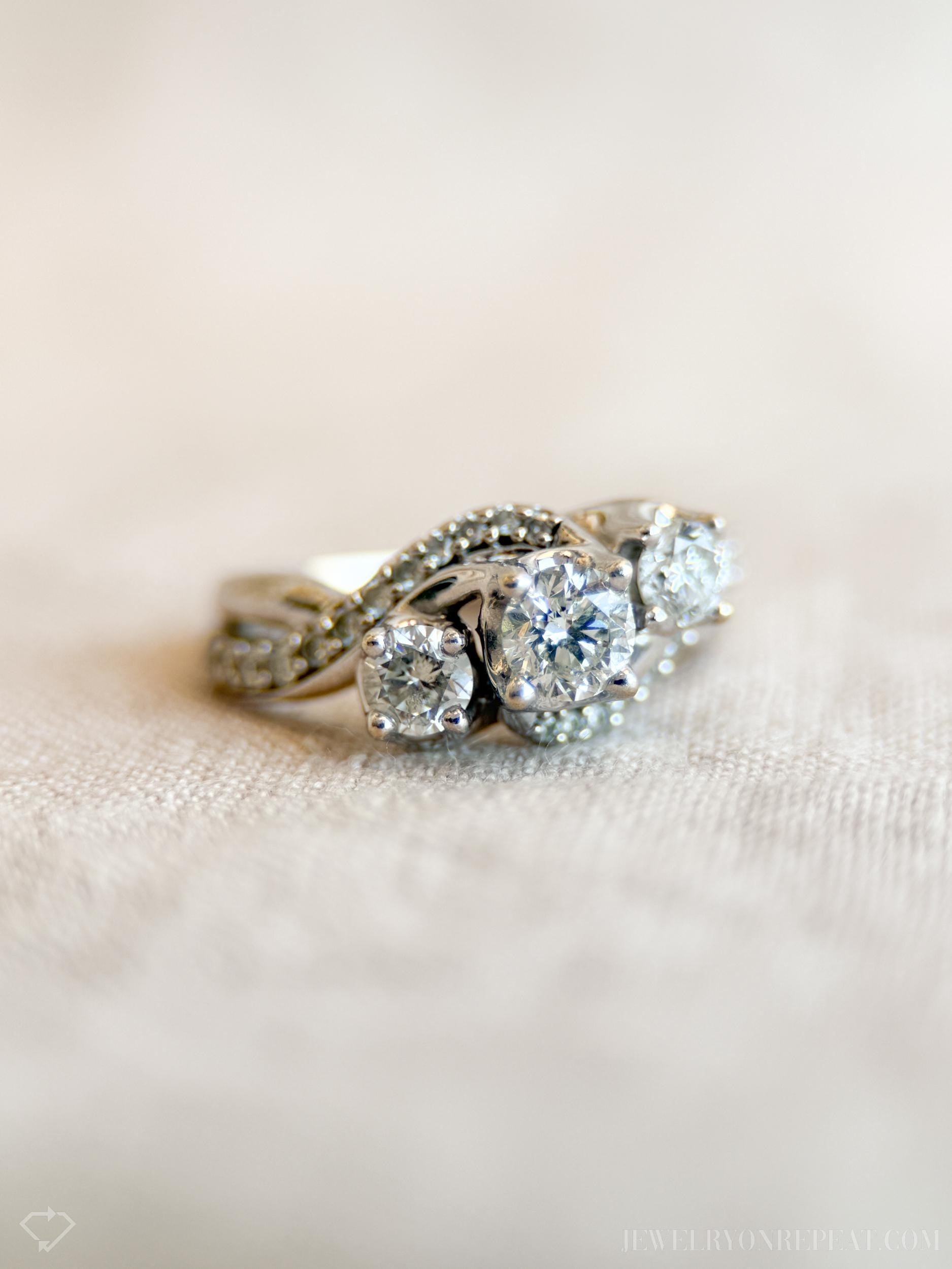Vintage Diamond Engagement Ring, Round Cut, 14k White Gold, 1990s Three-Stone Swirl Bridal Ring