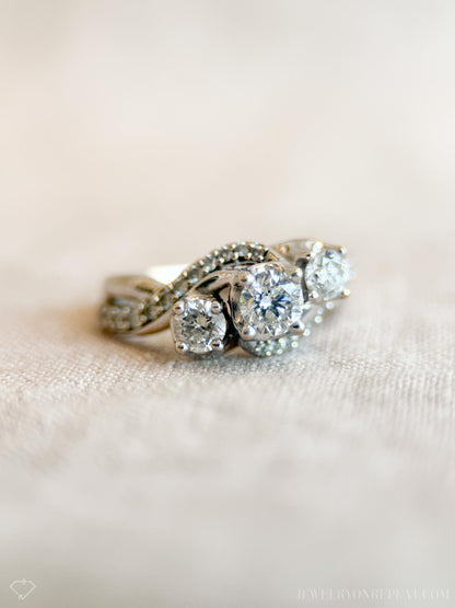 Vintage Diamond Engagement Ring, Round Cut, 14k White Gold, 1990s Three-Stone Swirl Bridal Ring