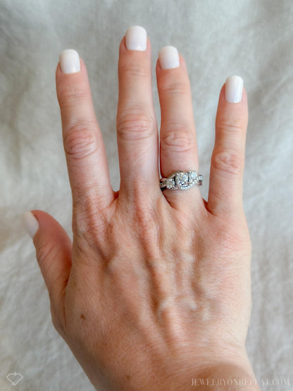 Vintage Diamond Engagement Ring, Round Cut, 14k White Gold, 1990s Three-Stone Swirl Bridal Ring