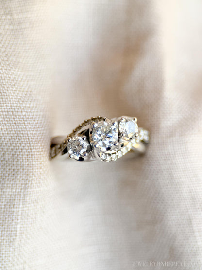 Vintage Diamond Engagement Ring, Round Cut, 14k White Gold, 1990s Three-Stone Swirl Bridal Ring
