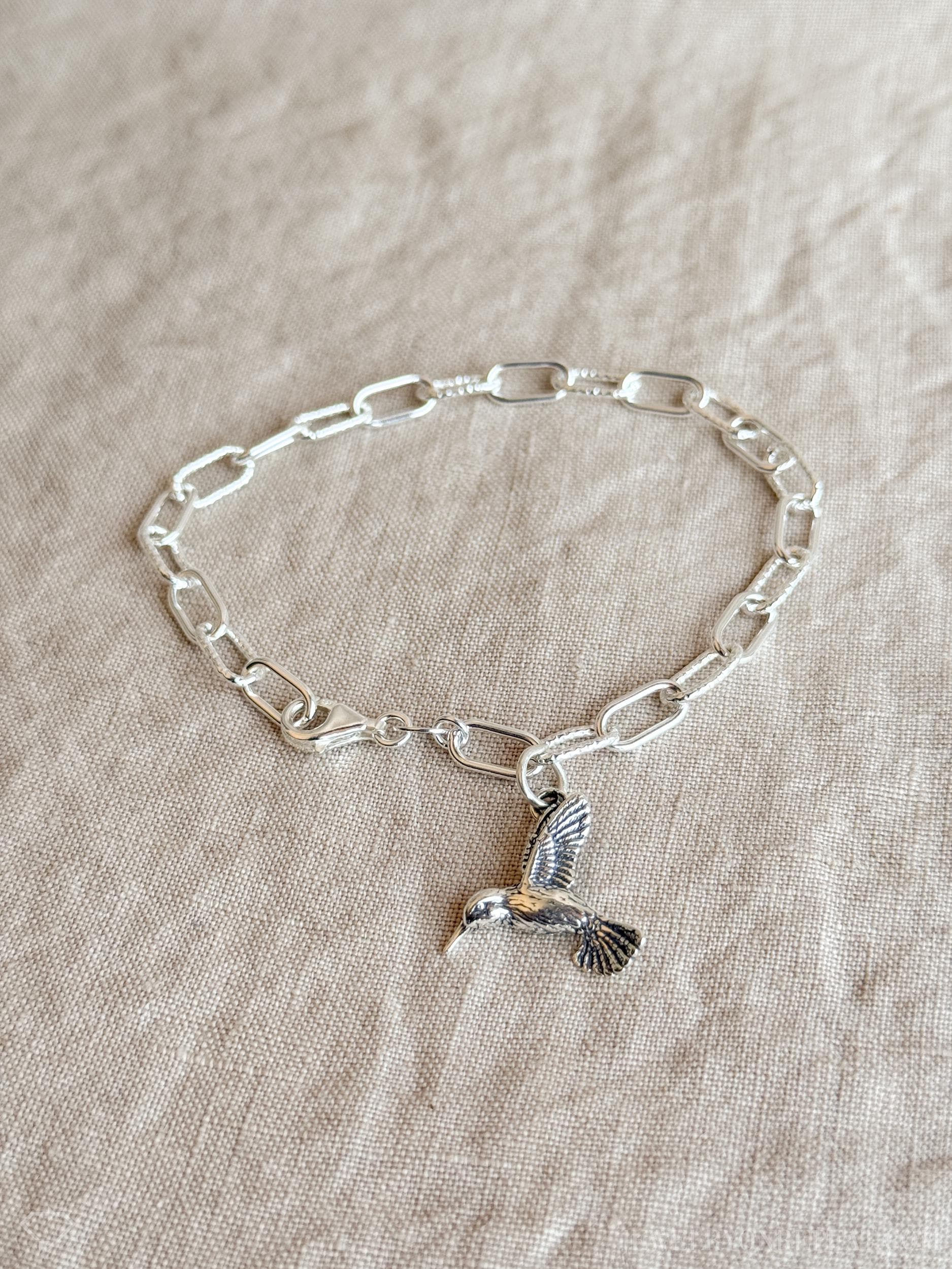 Hummingbird Charm Bracelet in Solid Sterling Silver, Bird Themed Personalized Charm Jewelry - Timeless, Sustainable, @JewelryOnRepeat