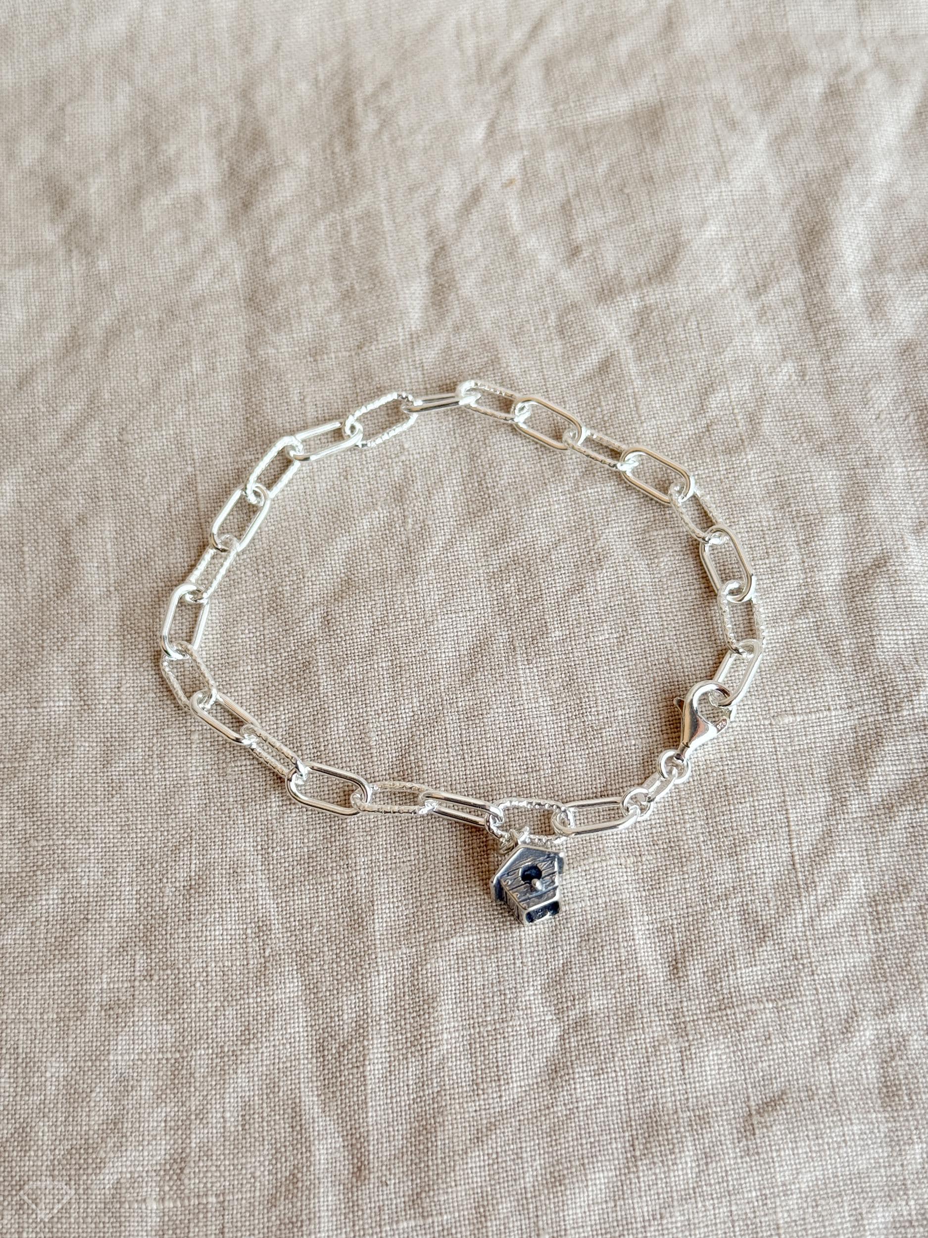 Birdhouse Charm Bracelet in Solid Sterling Silver, Birds and Garden Themed Personalized Jewelry - Timeless, Sustainable, @JewelryOnRepeat