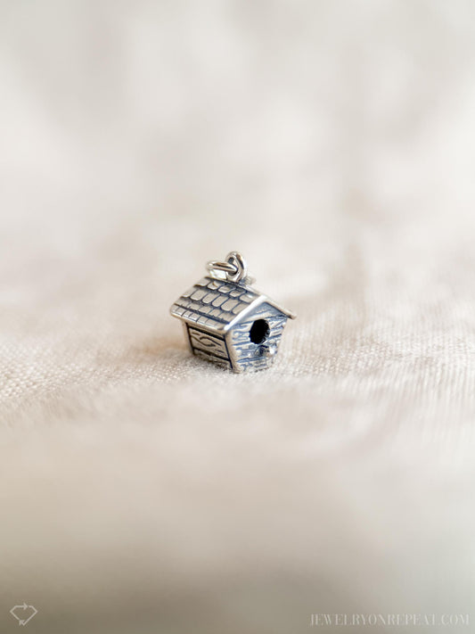 Sterling Silver Birdhouse Charm Pendant, Garden Themed Minimalist Jewelry, Gift for Her