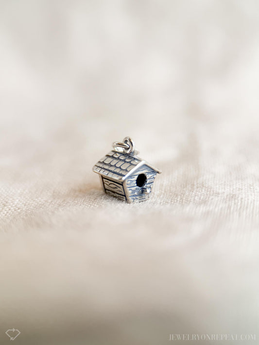 Sterling Silver Birdhouse Charm Pendant, Garden Themed Minimalist Jewelry, Gift for Her