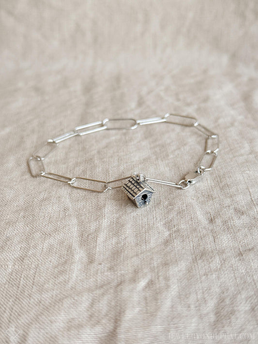 Birdhouse Charm Bracelet in Solid Sterling Silver, Birds and Garden Themed Personalized Jewelry - Timeless, Sustainable, @JewelryOnRepeat