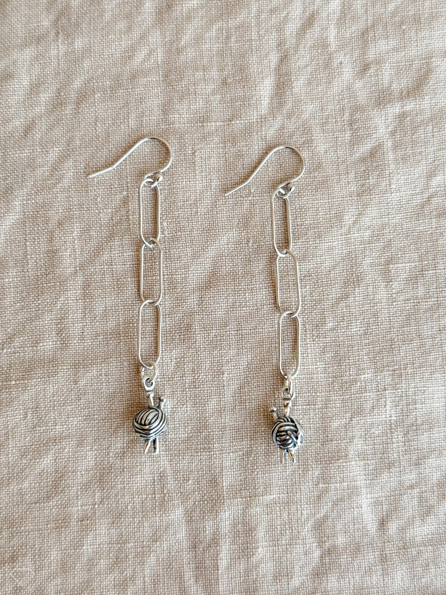 Knitting Ball of Yarn Earrings in Solid Sterling Silver, Crafting Themed Personalized Charm Jewelry