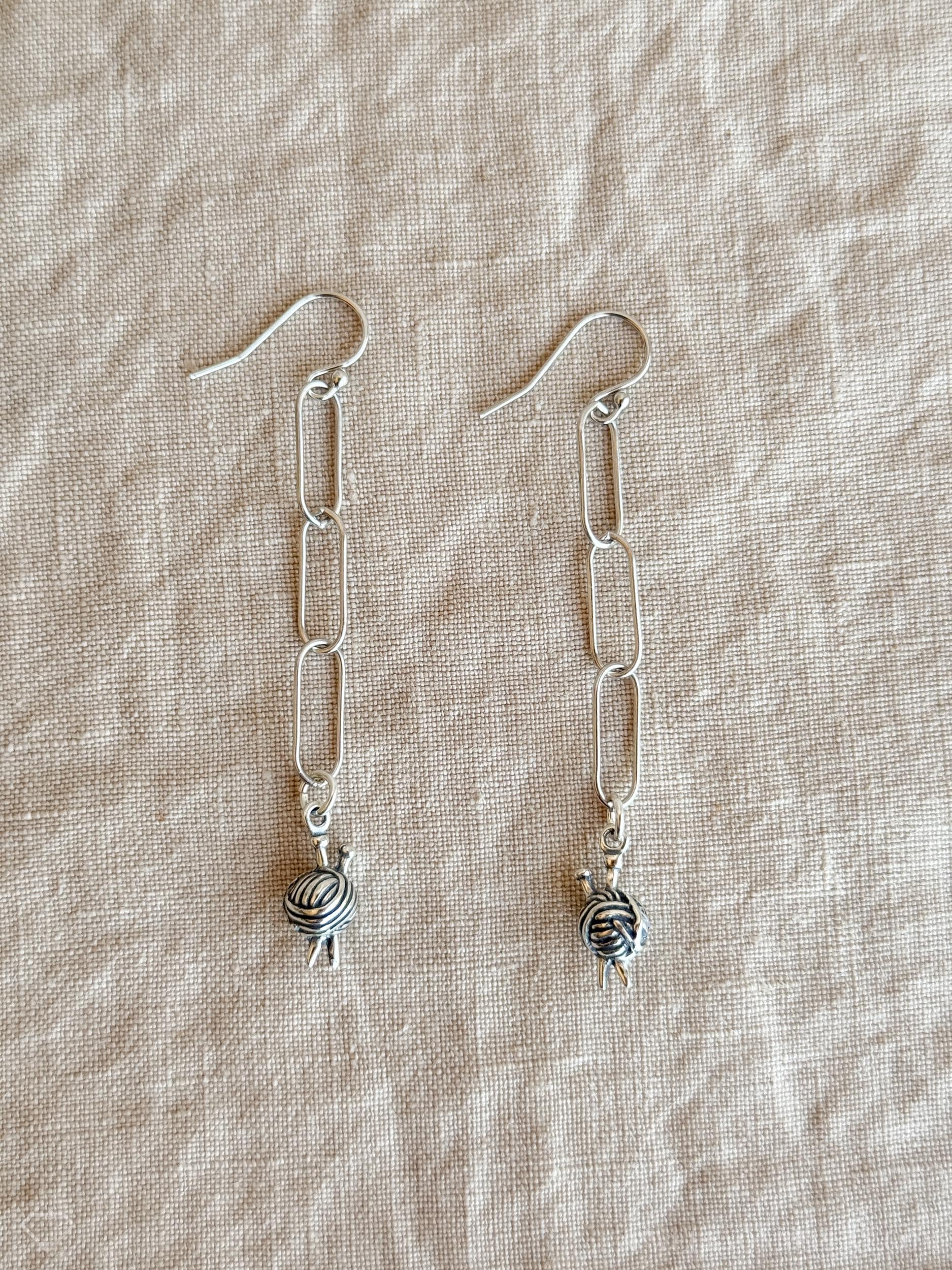 Knitting Ball of Yarn Earrings in Solid Sterling Silver, Crafting Themed Personalized Charm Jewelry