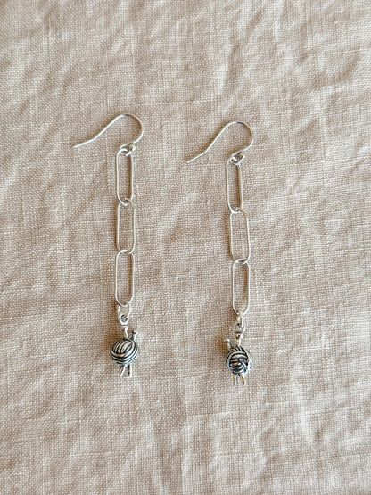 Knitting Ball of Yarn Earrings in Solid Sterling Silver, Crafting Themed Personalized Charm Jewelry