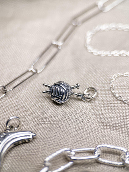 Sterling Silver Yarn Knitting Charm Necklace, Minimal Layering Jewelry, Gift for Her
