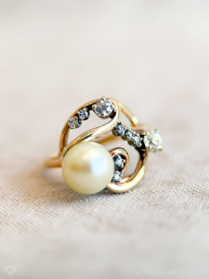 Vintage Pearl and Diamond Engagement Ring, 14k Gold, 1920s Art Nouveau Cluster Bridal Ring