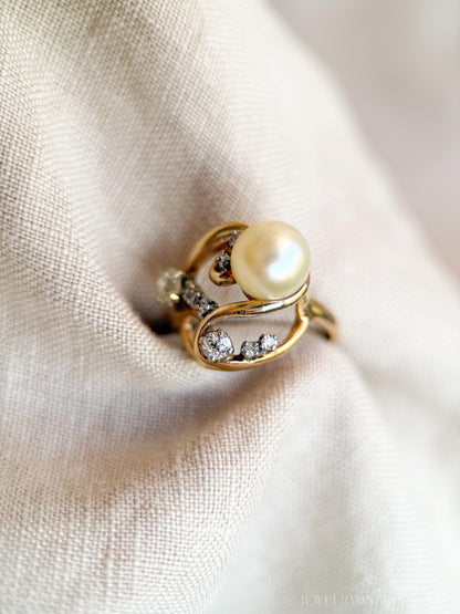 Vintage Pearl and Diamond Engagement Ring, 14k Gold, 1920s Art Nouveau Cluster Bridal Ring