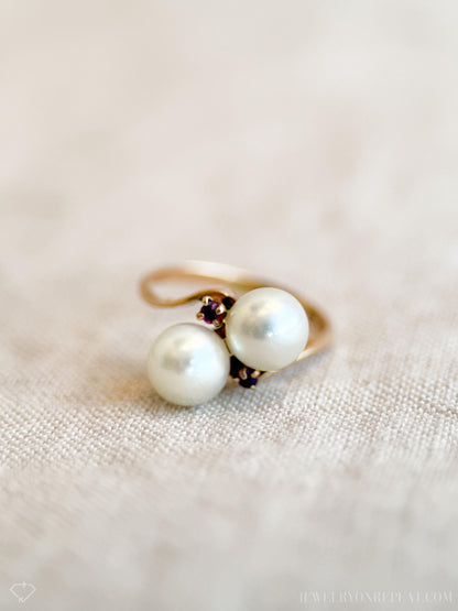 Vintage 1970s Pearl & Ruby Ring in 14k Gold