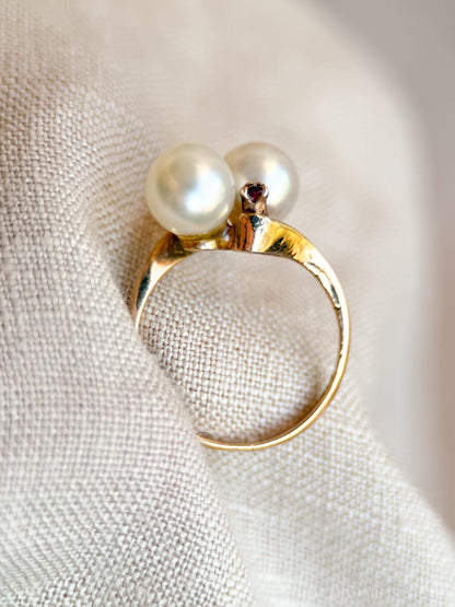 Vintage 1970s Pearl & Ruby Ring in 14k Gold