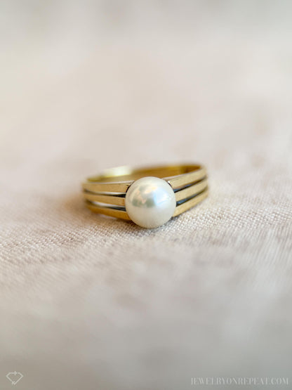 Vintage Pearl Engagement Ring, 14k Gold, 1980s Solitaire Bridal Ring