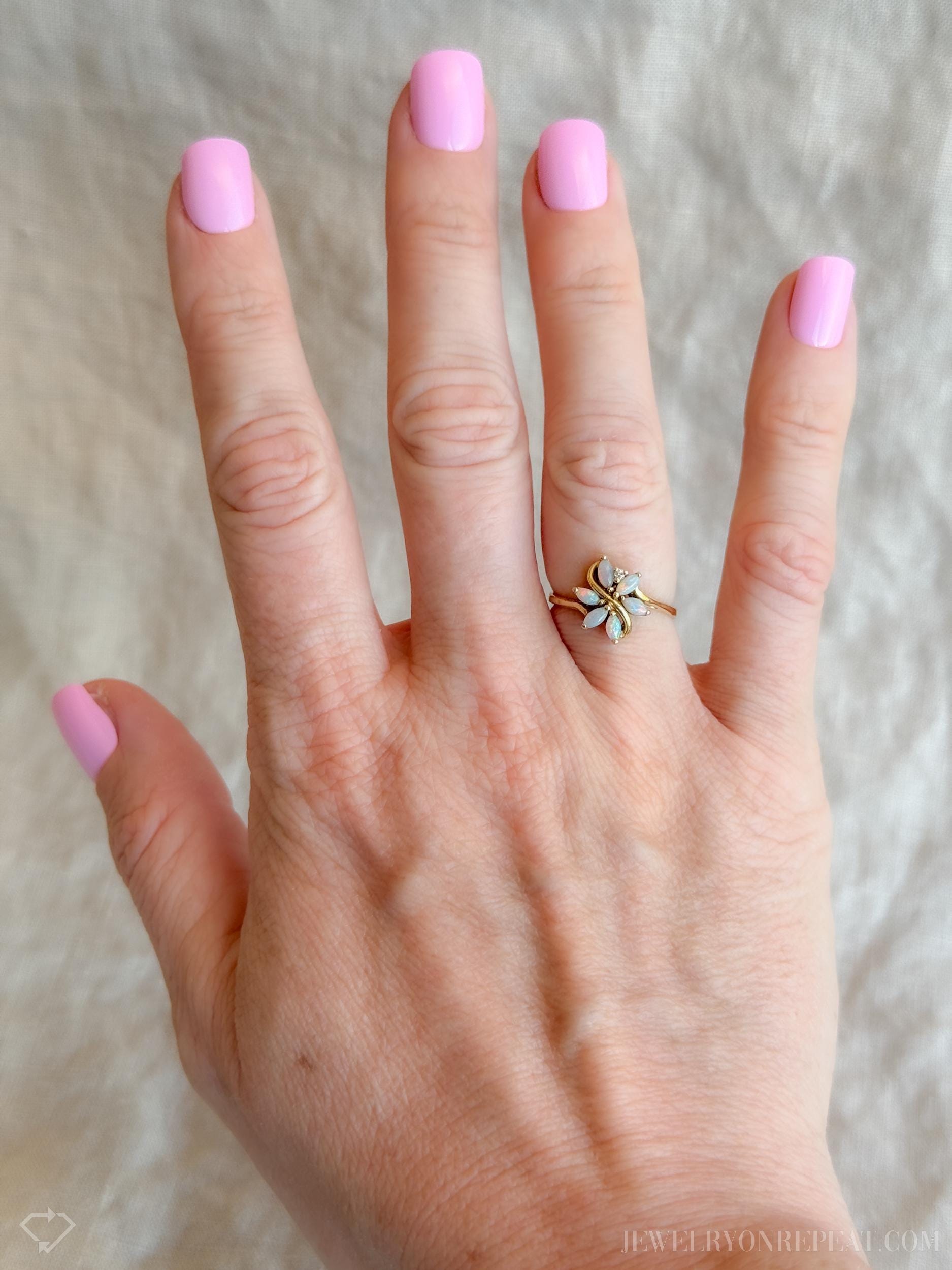 Vintage Opal Flower Ring, 14k Gold, Marquise 1970s Floral Cluster Statement Ring, Gemstone Jewelry