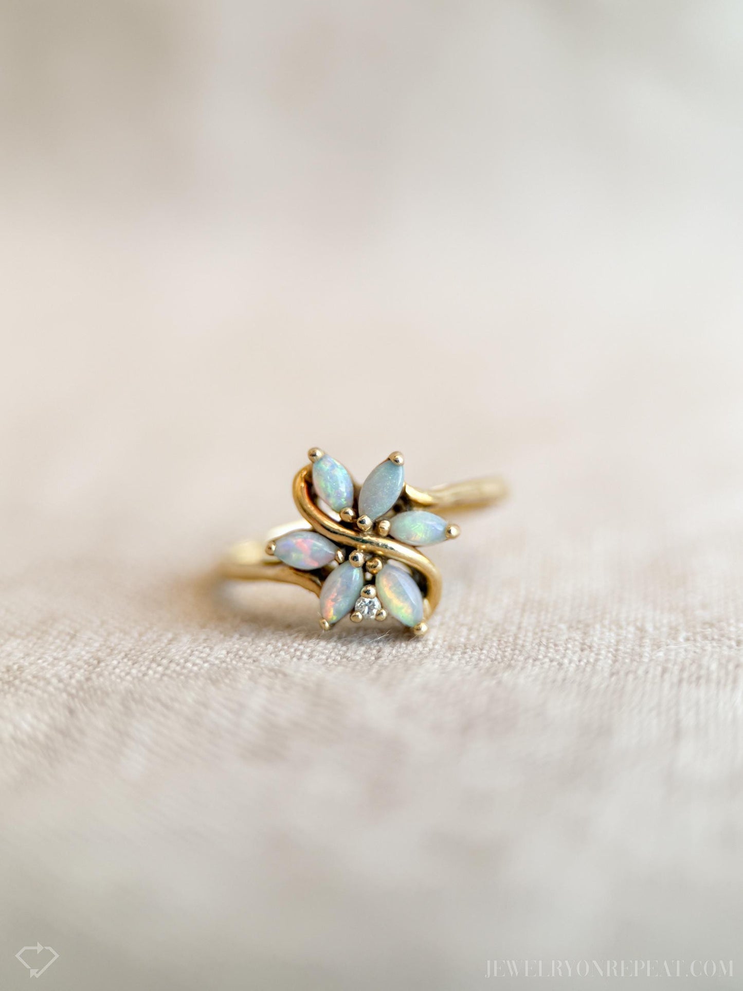 Vintage Opal Flower Ring, 14k Gold, Marquise Floral Cluster Statement Ring, Unique Gemstone Jewelry