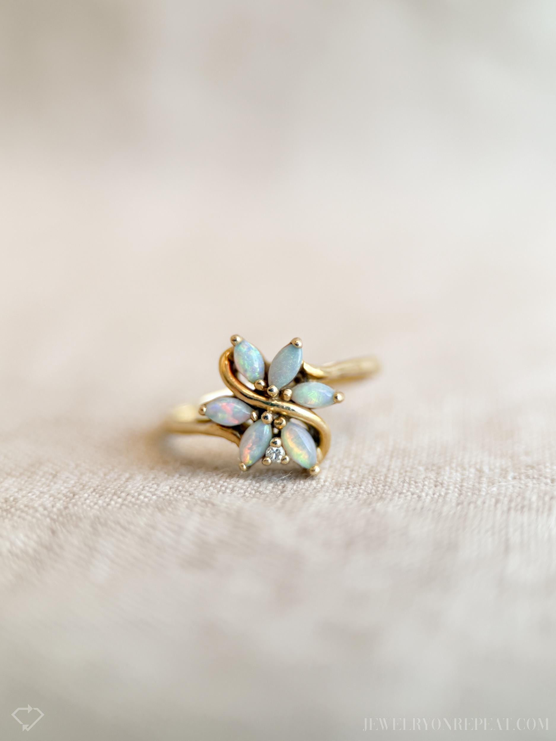 Vintage Opal Flower Ring, 14k Gold, Marquise Floral Cluster Statement Ring, Unique Gemstone Jewelry