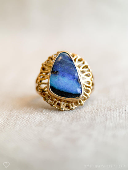 Vintage 1970s Boulder Opal Filigree Ring in 14k Gold