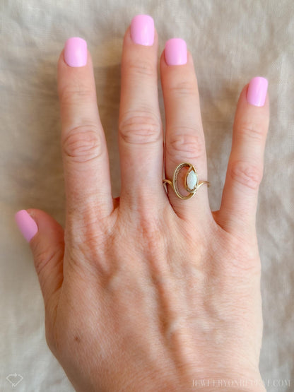 Vintage Opal Ring, 10k Gold, Marquise Ellipse Statement Ring, Unique Gemstone Jewelry