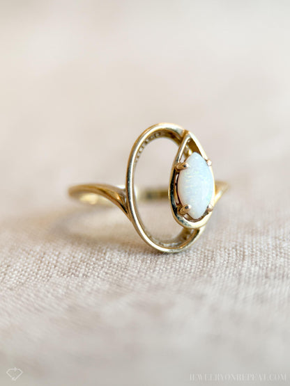 Vintage Opal Ring, 10k Gold, Marquise Ellipse Statement Ring, Unique Gemstone Jewelry