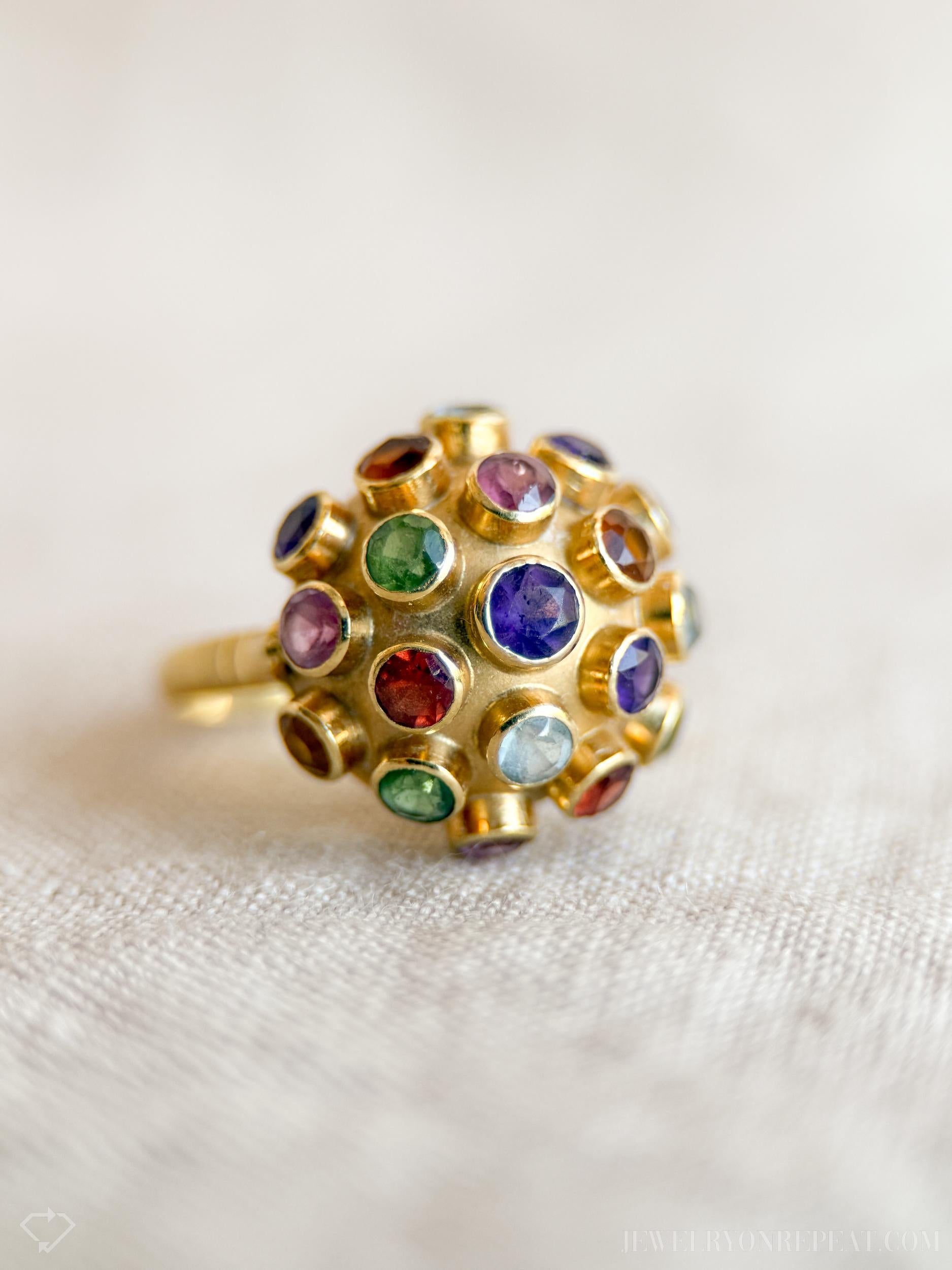 Vintage Rainbow Gemstone Disco Ball Statement Ring in 18k Gold, Antique Jewelry from the 1970s - Timeless, Sustainable, @JewelryOnRepeat