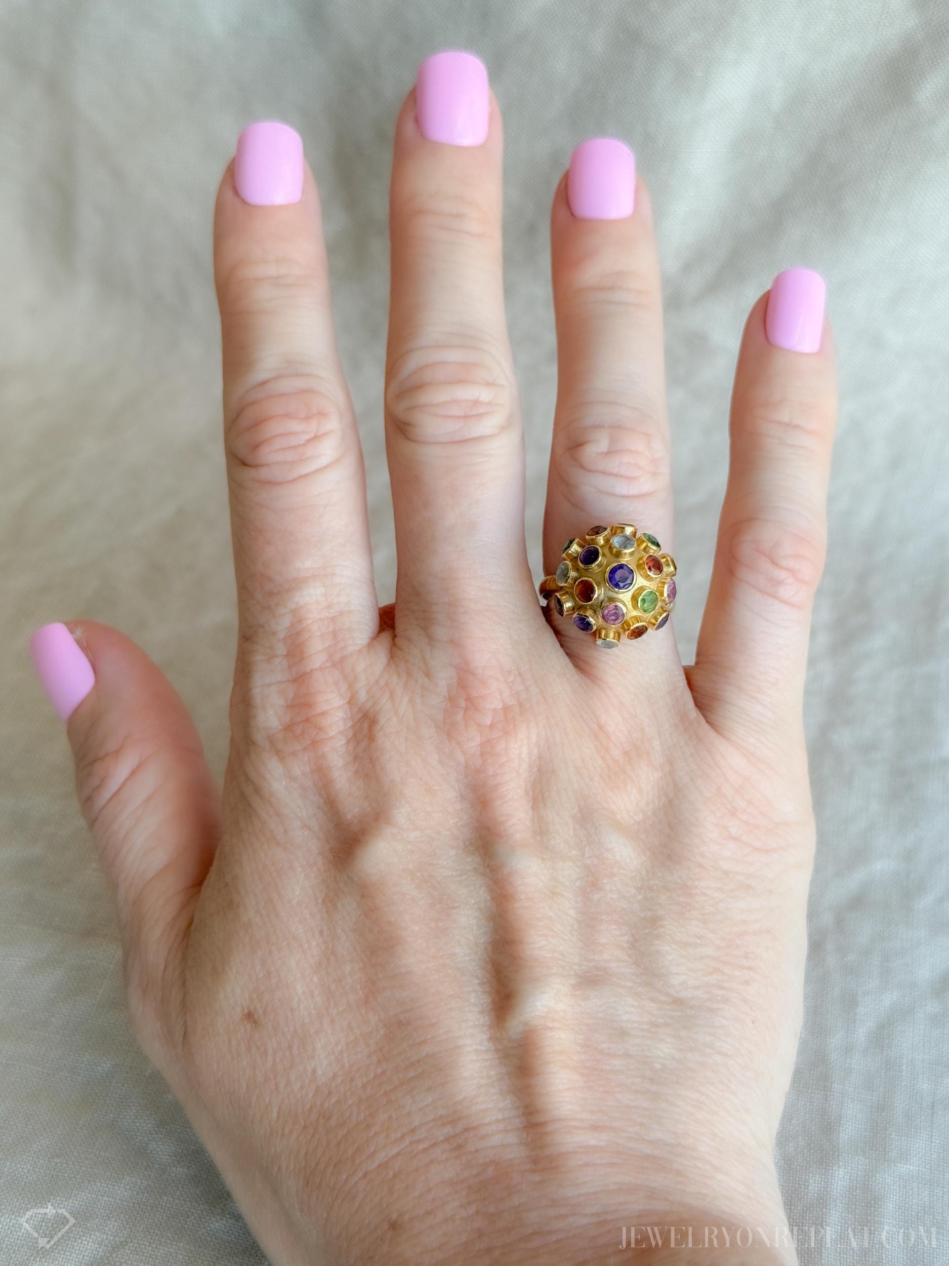 Vintage Rainbow Gemstone Disco Ball Statement Ring in 18k Gold, Antique Jewelry from the 1970s - Timeless, Sustainable, @JewelryOnRepeat