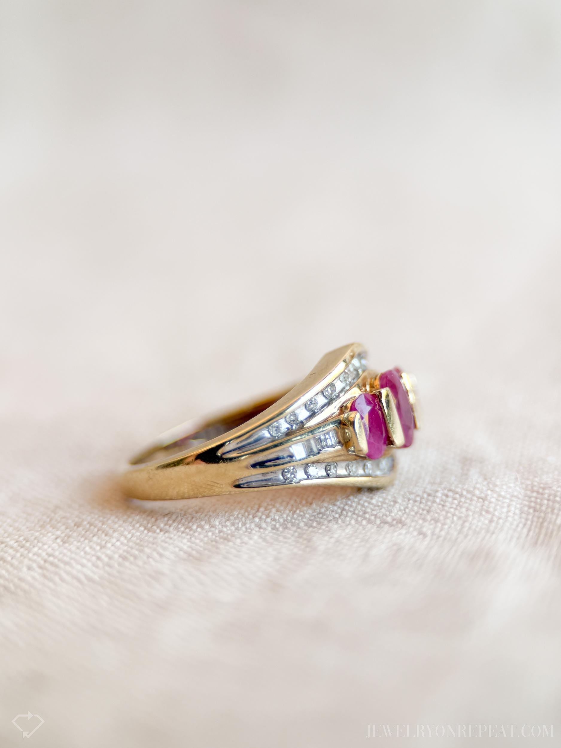 Vintage 1980s Three Stone Ruby Ring in 10k Gold