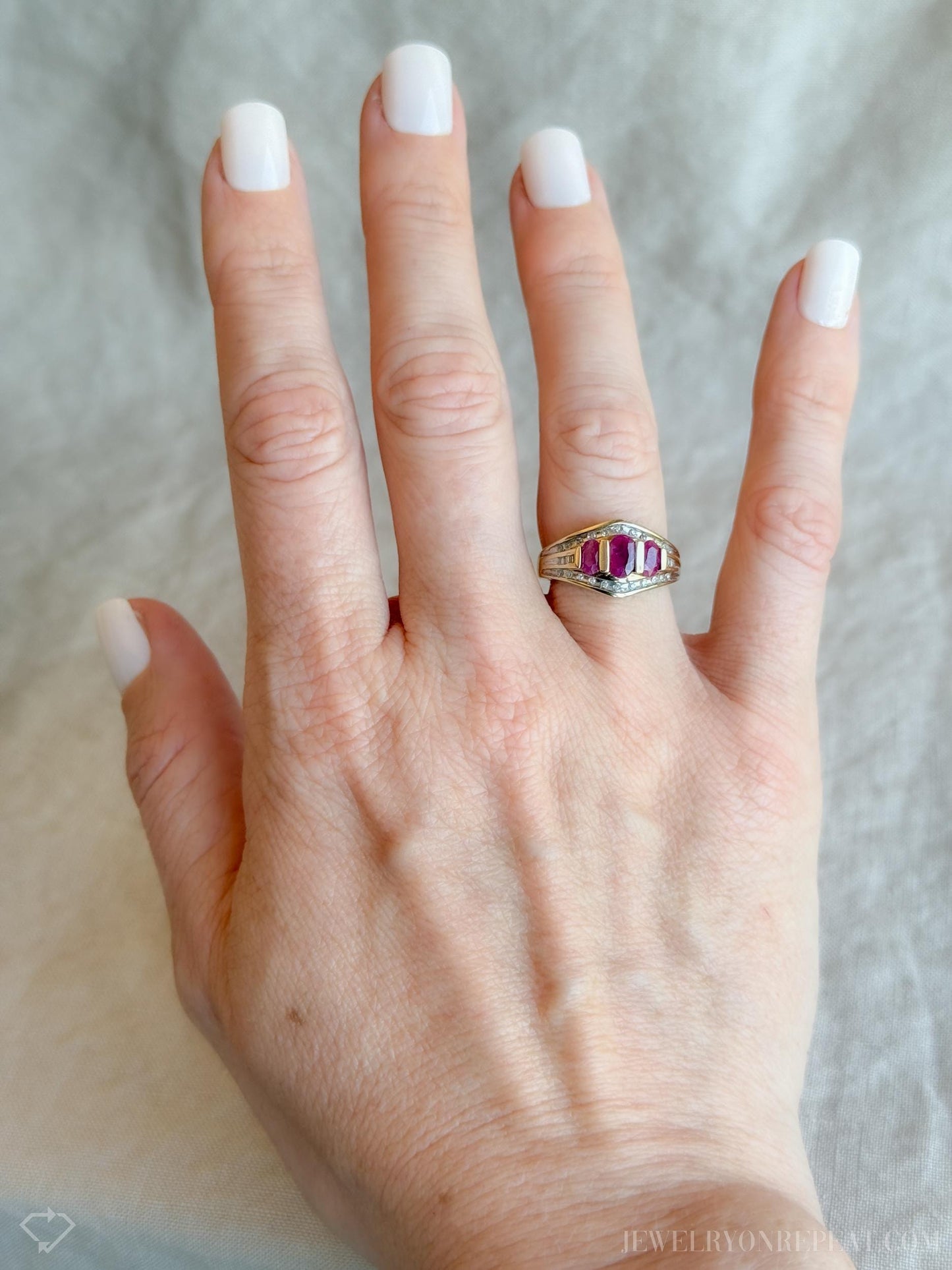 Vintage 1980s Three Stone Ruby Ring in 10k Gold