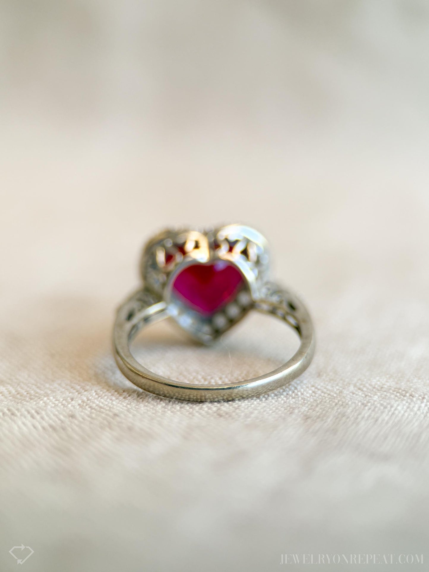 Vintage Heart Cut Ruby Halo Ring in 10k White Gold, Antique Jewelry from the 1990s - Timeless, Sustainable, @JewelryOnRepeat