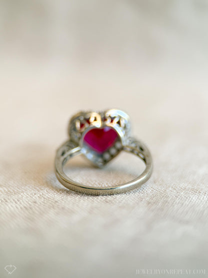 Vintage 1990s Heart Cut Ruby Engagement Ring, 10k White Gold, Halo Design • One-of-a-Kind Jewelry