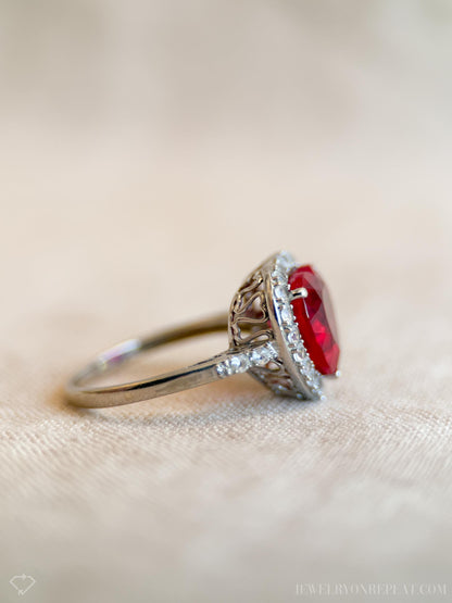 Vintage 1990s Heart Cut Ruby Engagement Ring, 10k White Gold, Halo Design • One-of-a-Kind Jewelry