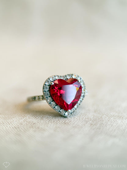 Vintage 1990s Heart Cut Ruby Engagement Ring, 10k White Gold, Halo Design • One-of-a-Kind Jewelry