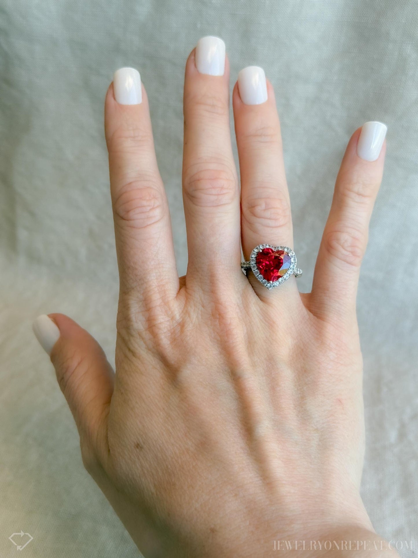 Vintage Heart Cut Ruby Halo Ring in 10k White Gold, Antique Jewelry from the 1990s - Timeless, Sustainable, @JewelryOnRepeat