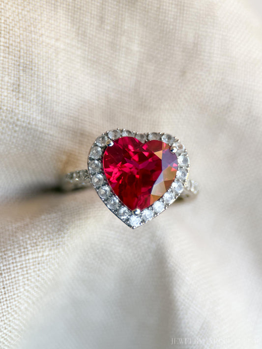 Vintage Heart Cut Ruby Halo Ring in 10k White Gold, Antique Jewelry from the 1990s - Timeless, Sustainable, @JewelryOnRepeat