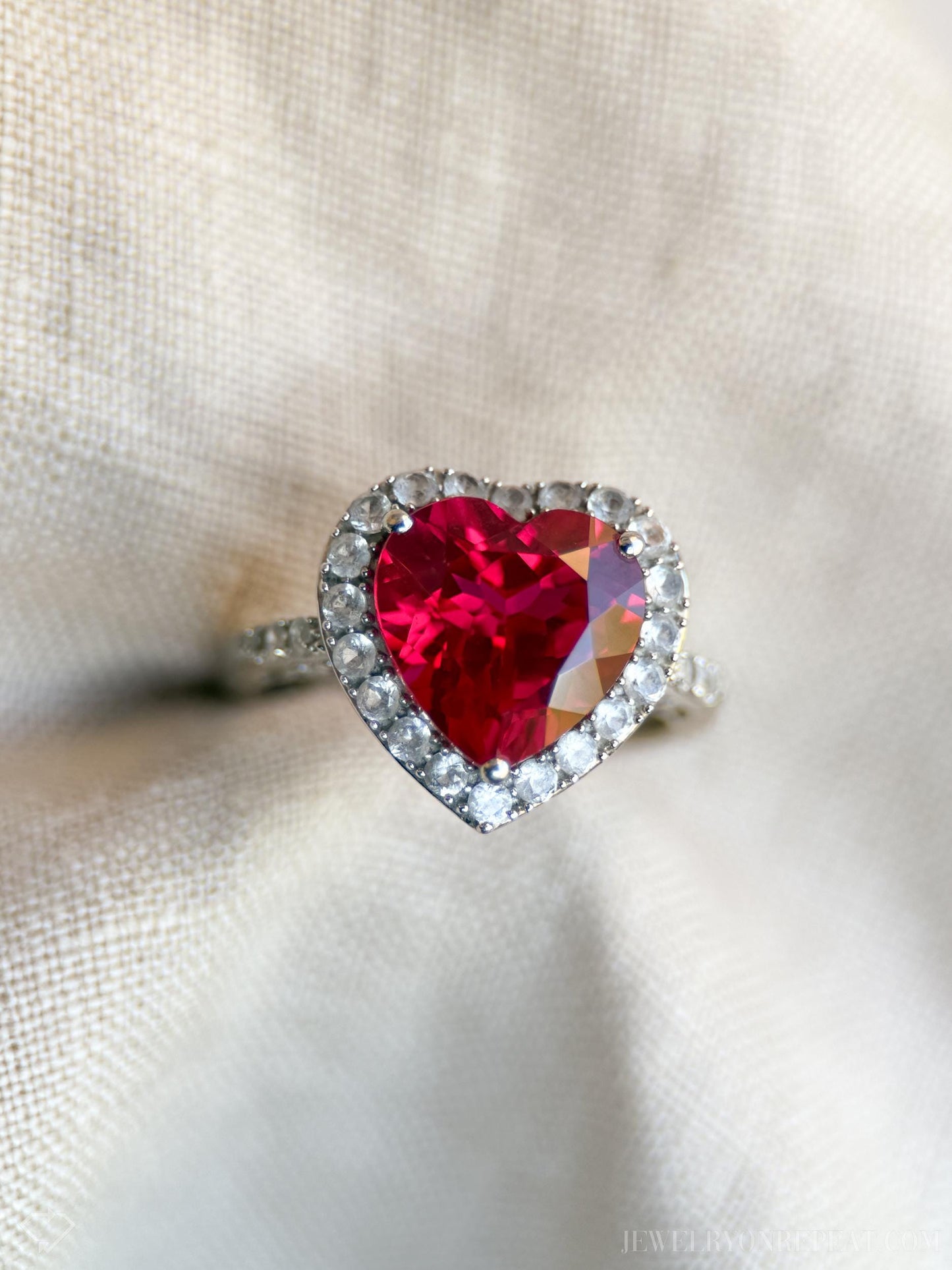 Vintage 1990s Heart Cut Ruby Engagement Ring, 10k White Gold, Halo Design • One-of-a-Kind Jewelry