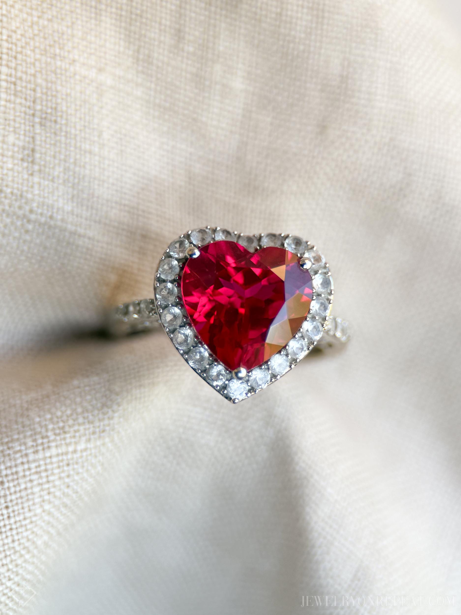 Vintage 1990s Heart Cut Ruby Engagement Ring, 10k White Gold, Halo Design • One-of-a-Kind Jewelry