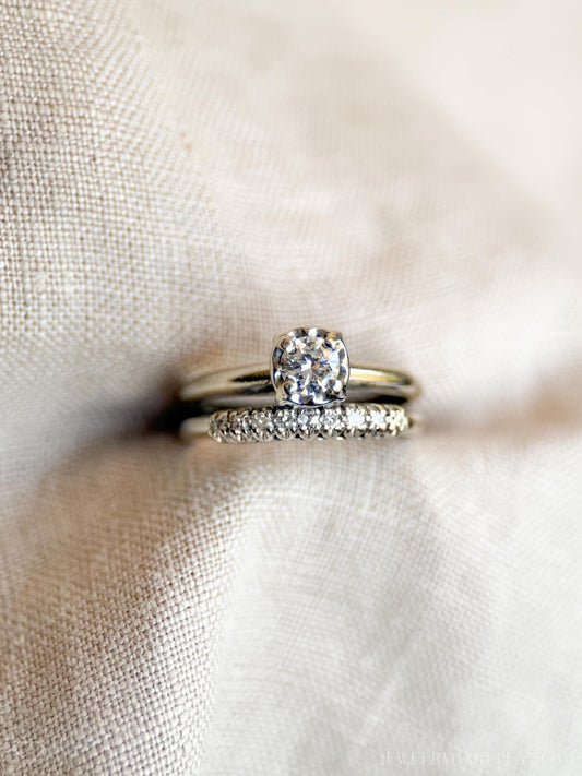 Vintage Diamond Bridal Set, Solitaire Engagement Ring and Wedding Band in 14k White Gold - Timeless, Sustainable, @JewelryOnRepeat