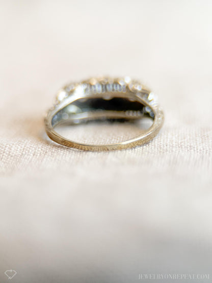 Vintage Diamond Engagement Ring, Round Cut, 14k White Gold, 1950s Three-Stone Filigree Bridal Ring