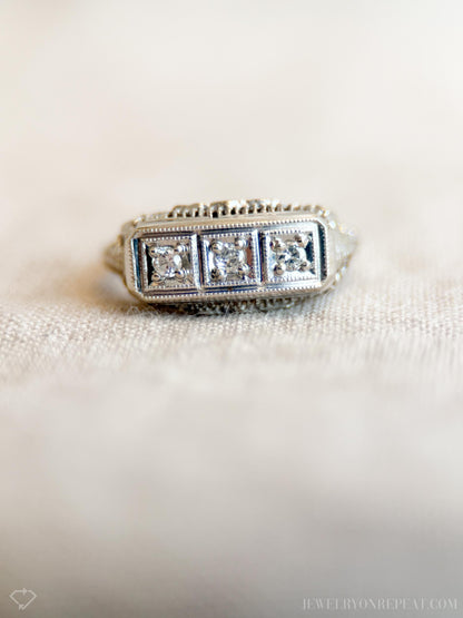 Vintage Diamond Engagement Ring, Round Cut, 14k White Gold, 1950s Three-Stone Filigree Bridal Ring