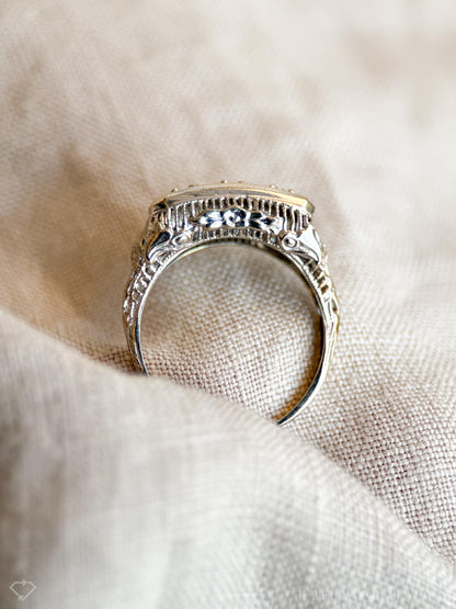Vintage Diamond Engagement Ring, Round Cut, 14k White Gold, 1950s Three-Stone Filigree Bridal Ring