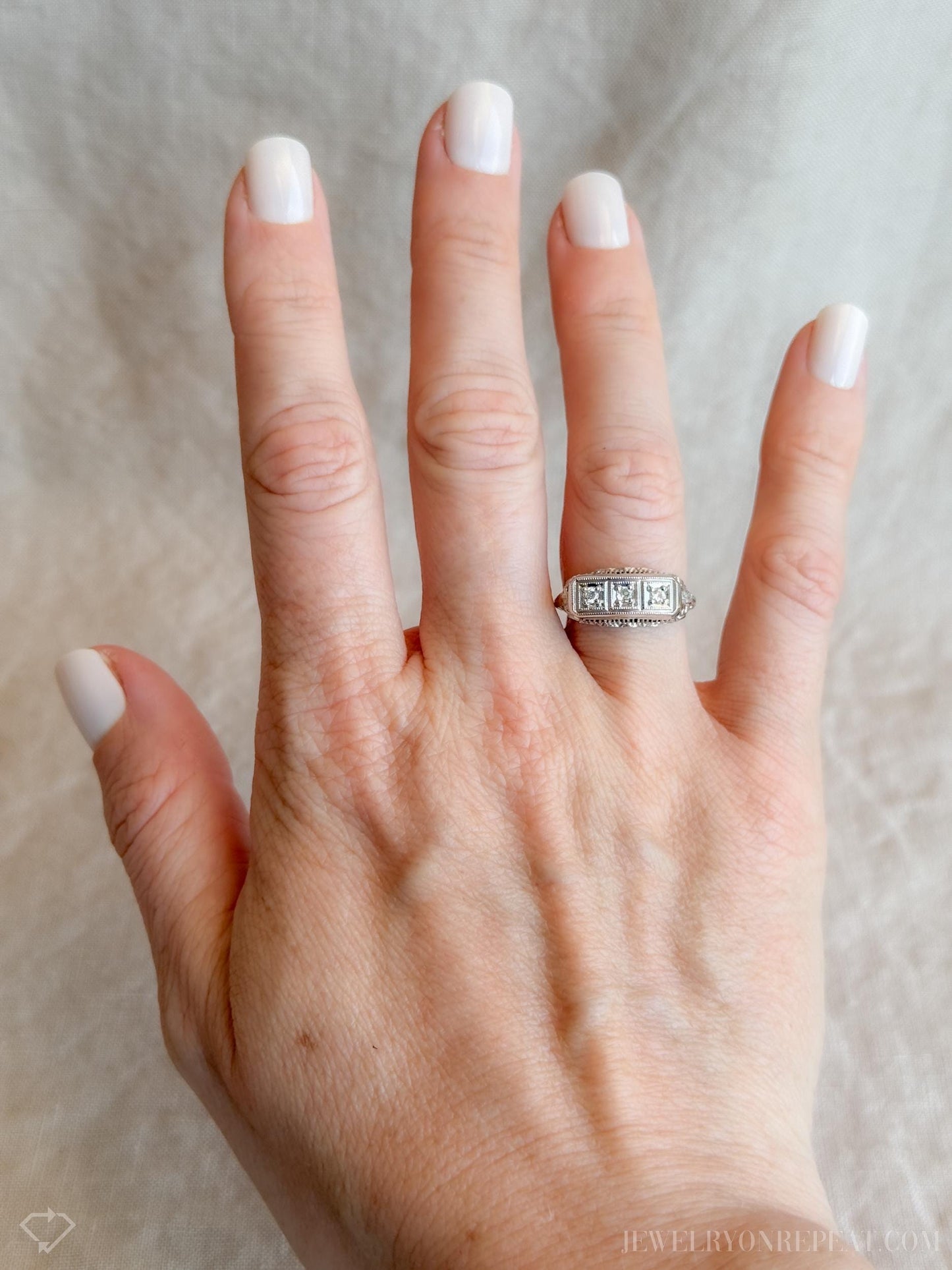 Vintage Art Deco Diamond Three Stone Filigree Engagement Ring in 14k White Gold, Antique 1950s Jewelry - Timeless, @JewelryOnRepeat