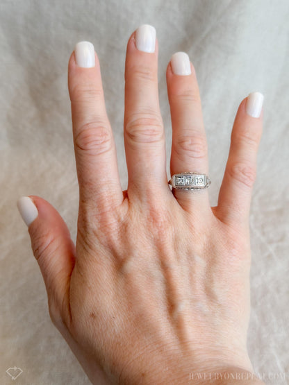 Vintage Diamond Engagement Ring, Round Cut, 14k White Gold, 1950s Three-Stone Filigree Bridal Ring