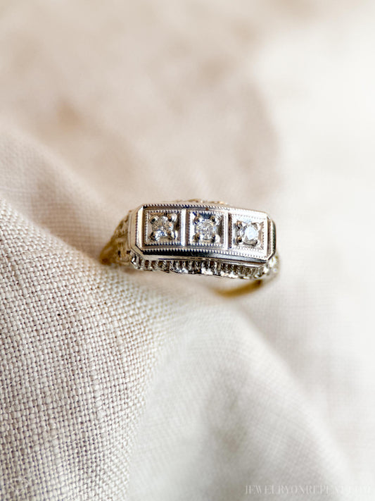 Vintage Art Deco Diamond Three Stone Filigree Engagement Ring in 14k White Gold, Antique 1950s Jewelry - Timeless, @JewelryOnRepeat