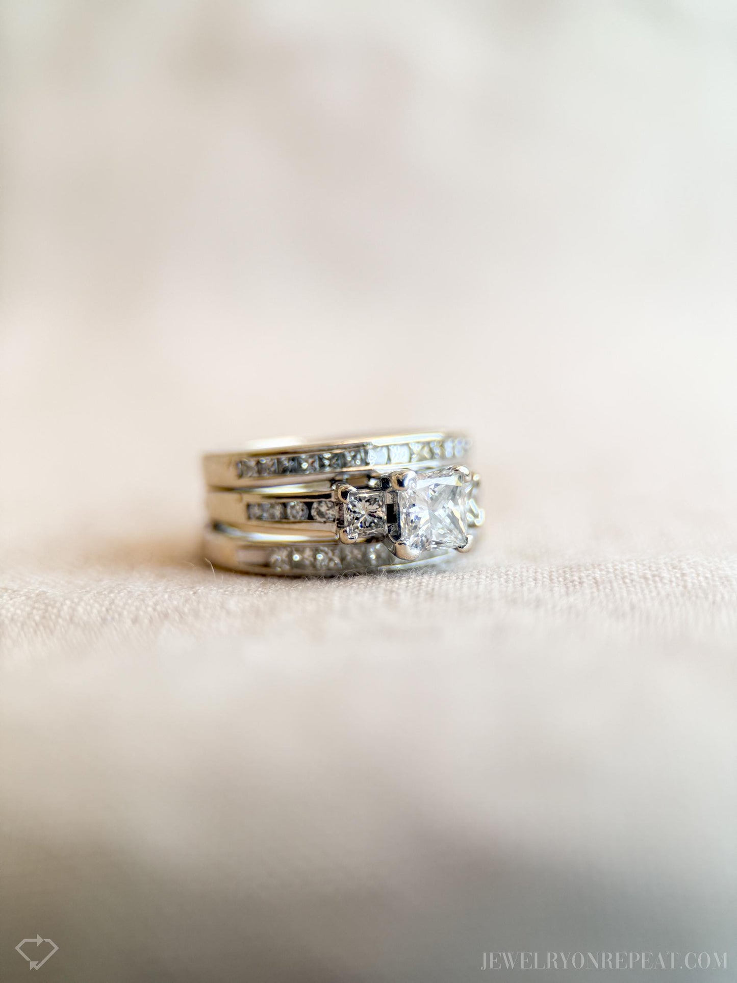 Vintage Diamond Engagement & Wedding Rings, Princess Cut, 14k White Gold, 1990s Channel Bridal Set